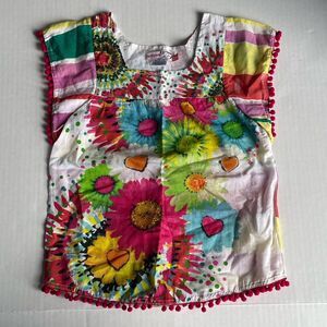 Desigual Tunic Top Big Girls 5/6 Colorful Floral Striped Top Pom Pom Trim Cotton